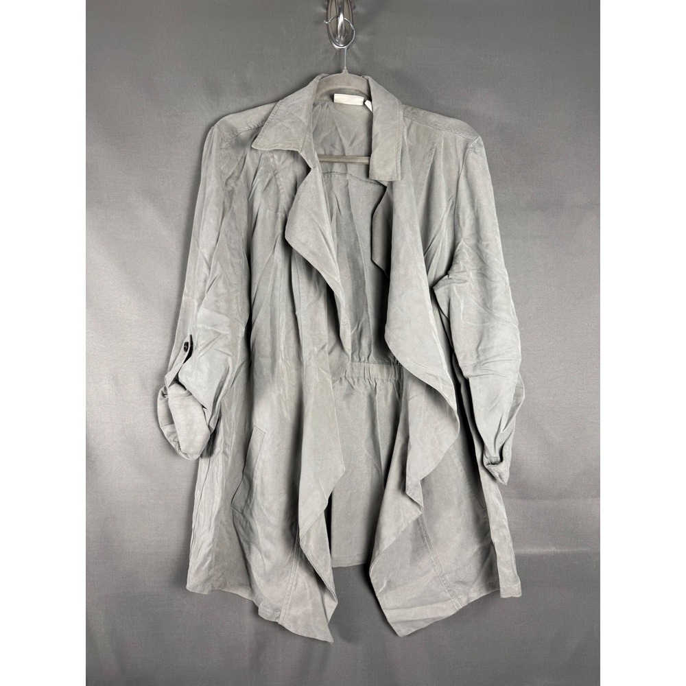Chico's Draped Open Front Jacket Women Size 2 Gray Lyocell Roll Tab Sleeve